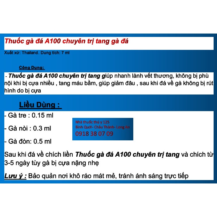 A 100 dùng cho gà đá cựa. Tang máu bầm