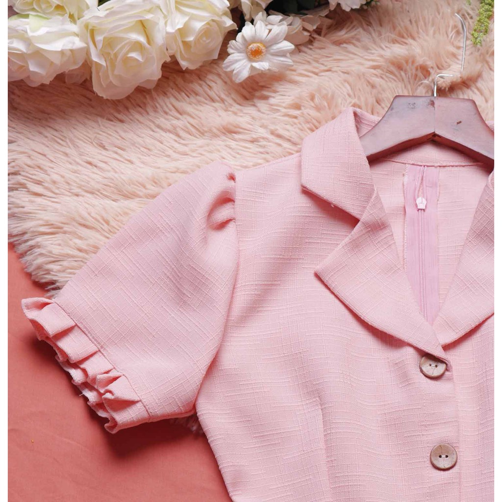 Đầm công sở hồng cổ vest thiết kế sang trọng cao cấp dáng chữ a tay ngắn tôn dáng sáng da hợp đi làm đi tiệc - Lux W | BigBuy360 - bigbuy360.vn