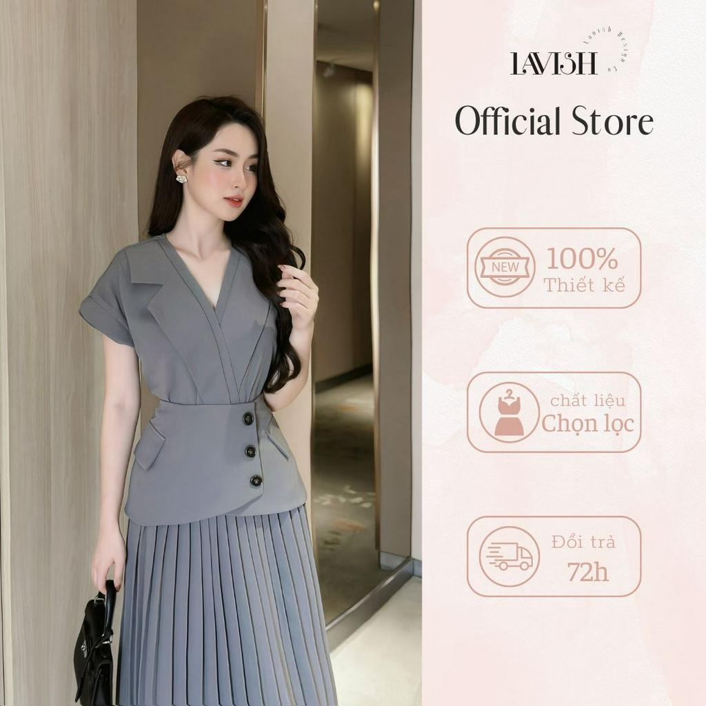 Set váy dập li tay hến LAVISH màu ghi xám
