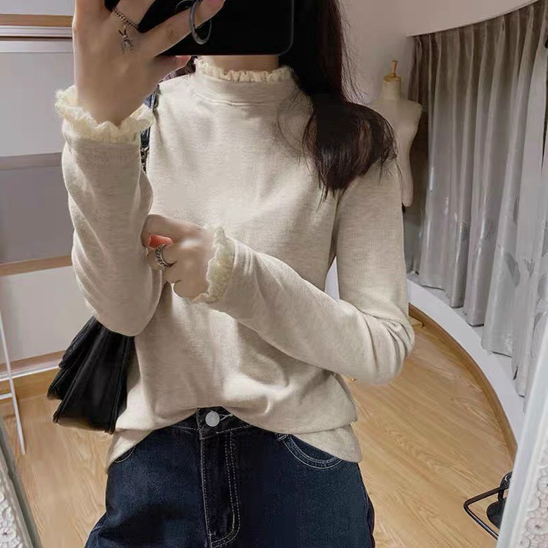 Áo len zip tay phối ren