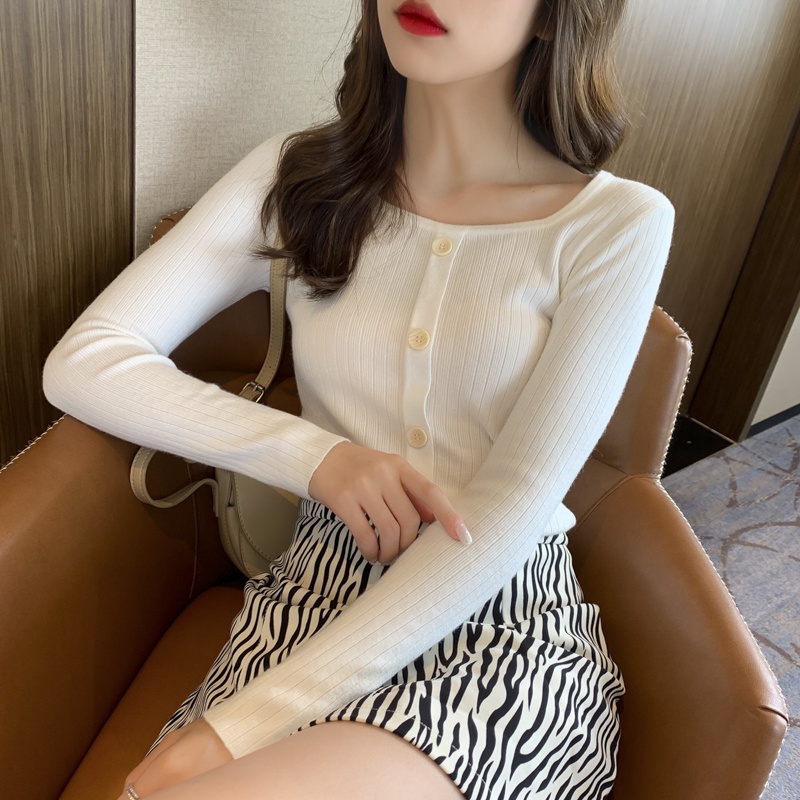 【ZHELIHANGFEI】Áo Cardigan Dệt Kim Tay Dài Cổ Vuông Phong Cách Phương Tây