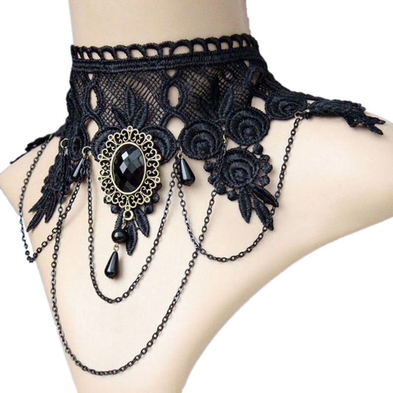 Vòng Cổ Choker Vải Ren Màu Đen Đính Đá Phong Cách Hip Hop Gothic Thời Trang Dự Tiệc