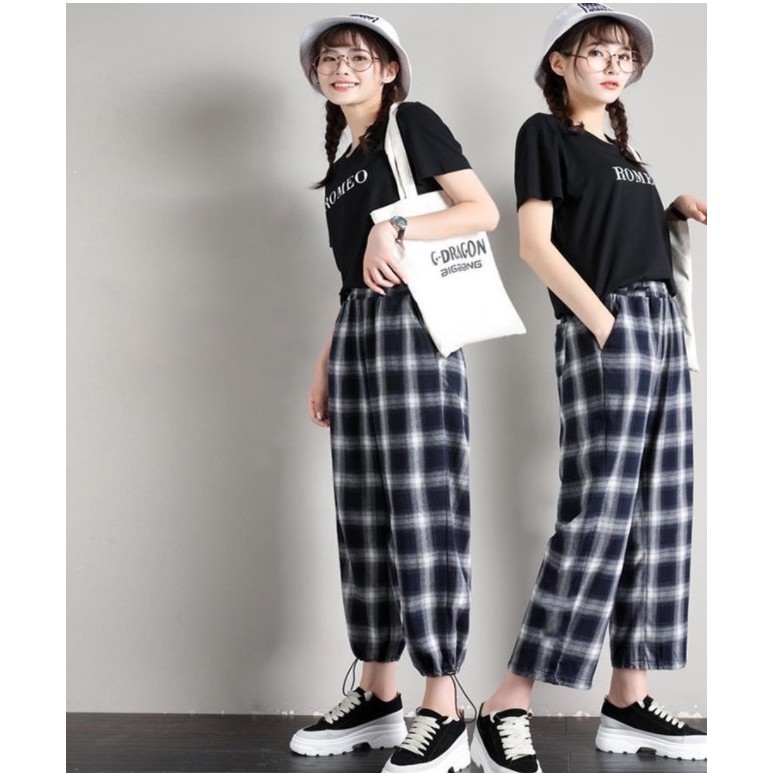 Quần ống rộng kẻ caro Unisex có dây chun ống - SCXQ18