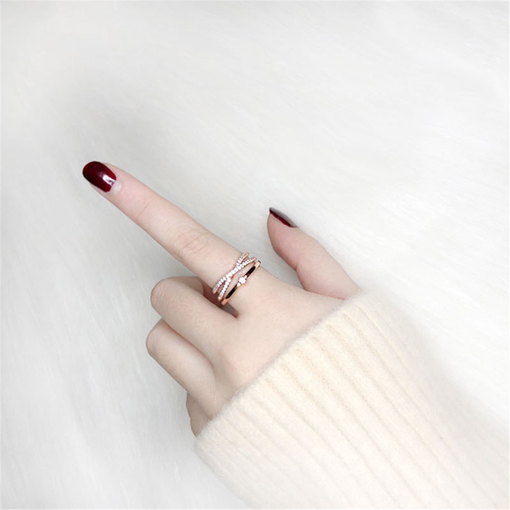 Nhẫn đeo tay kim loại mạ vàng hồng đính đá đơn giản thời trang cho nữ