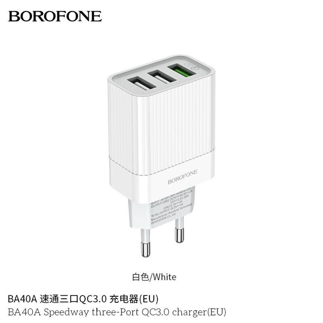 Củ sạc nhanh QC 3.0 3 cổng BA40A chính hãng Borofone