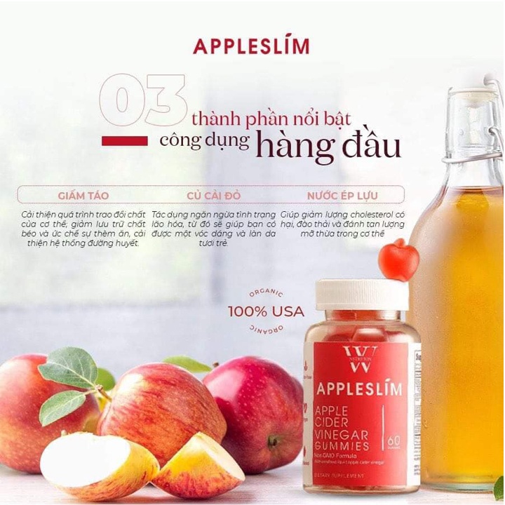 Kẹo Giấm Táo Giảm Cân Apple Slim Mỹ, Viên Uống Giấm Táo Giúp Giảm Cân Cấp Tốc Dưỡng Da Đẹp Tự Nhiên Hộp 60 Viên