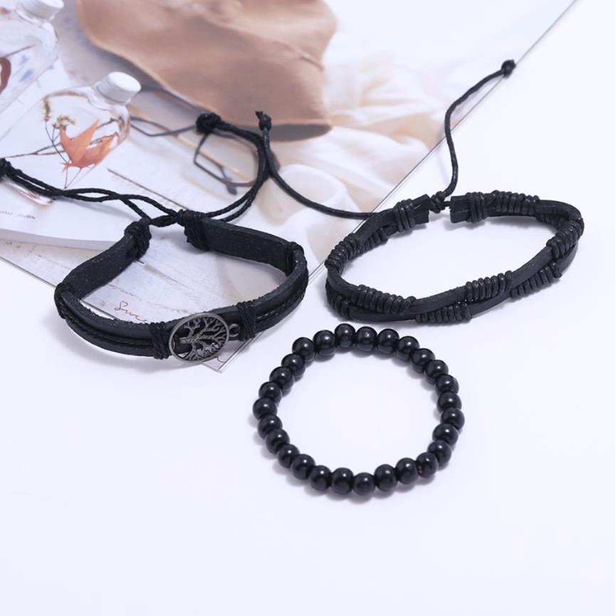 Bộ 3 Vòng Tay Da Bện Phối Mặt Hợp Kim Hình Cây Đơn Giản Phong Cách Vintage Cho Nam