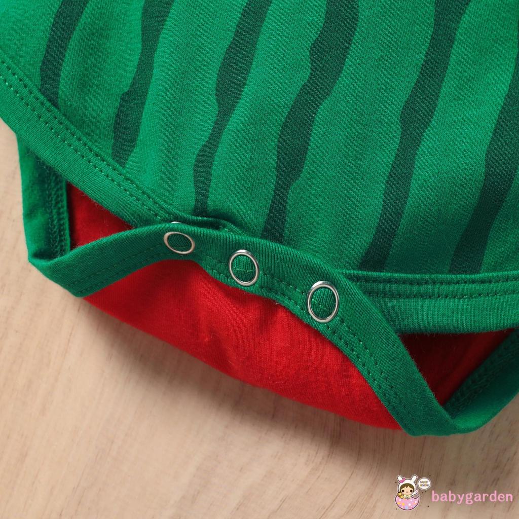 Bộ áo liền quần cổ tròn tay ngắn in hình dưa hấu + chân váy lưng thun màu trơn dễ thương cho bé gái