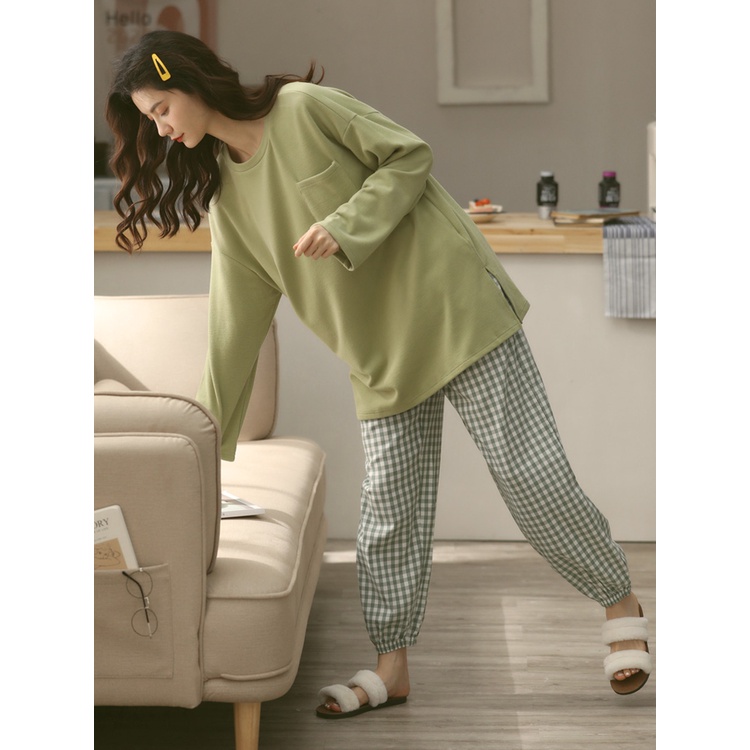 ĐỒ NGỦ COTTON MỎNG DÀI TAY ÁO TRƠN QUẦN HỌA TIẾT MEYLEESTORE