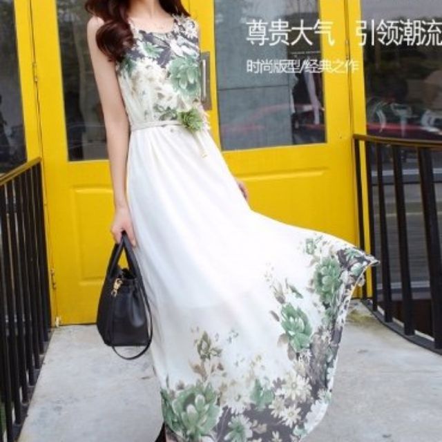 Đầm maxi hoa xanh cột eo hoa y hình HÀNG NHẬP Siêu sang