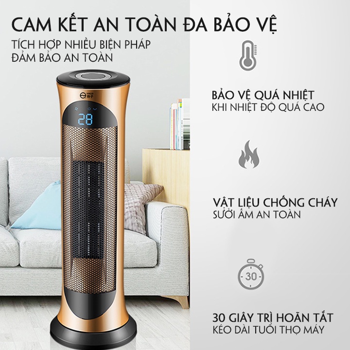 Cây Máy sưởi điện gốm PTC an toàn cho trẻ em có điều khiển hẹn giờ xoay 180 độ