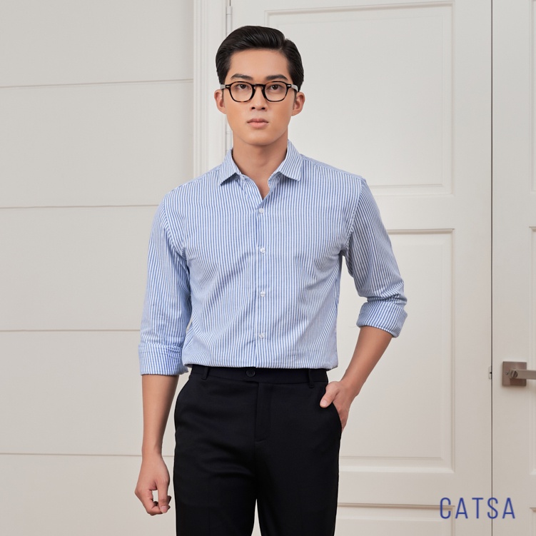 Áo sơ mi nam công sở sọc xanh biển chất liệu vải Oxford nhẹ, mát, thấm hút tốt CATSA ASD016