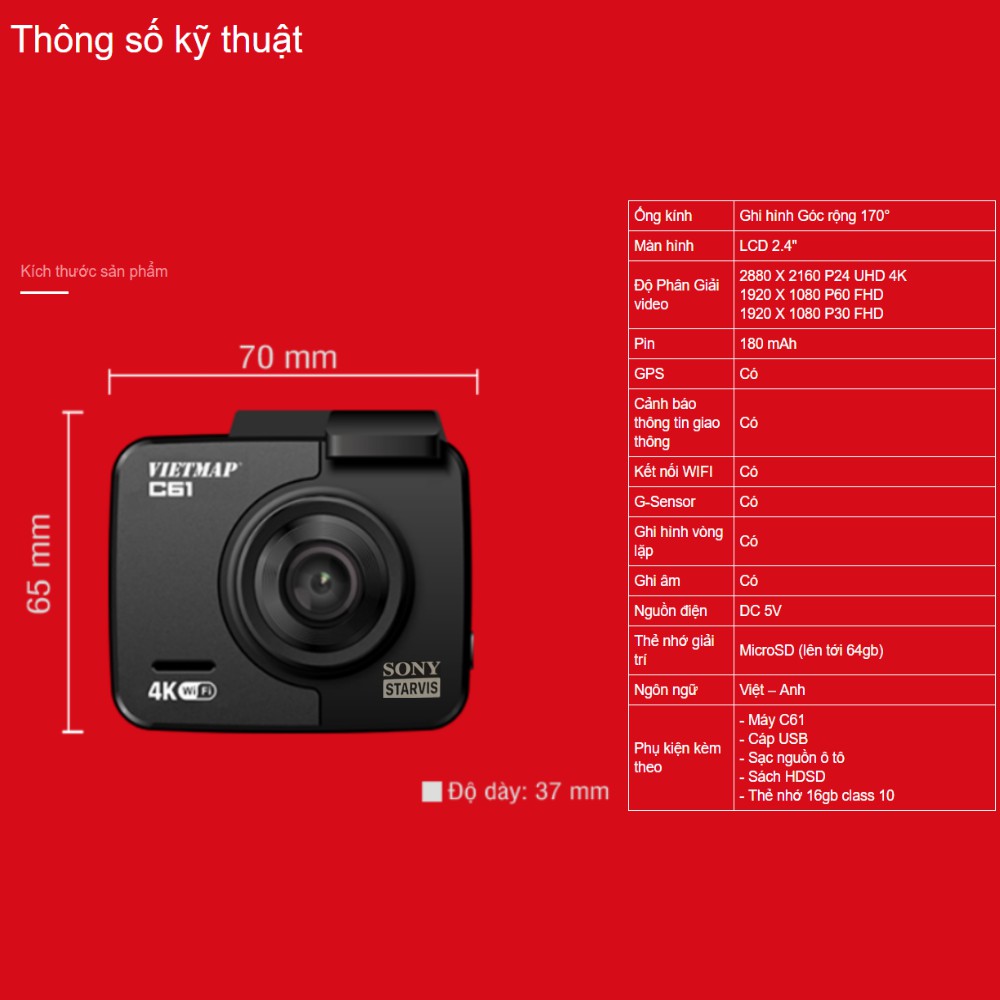 Camera hành trình VietMap C61 | Kết Nối WIFI | GPS | Cảnh báo tốc độ