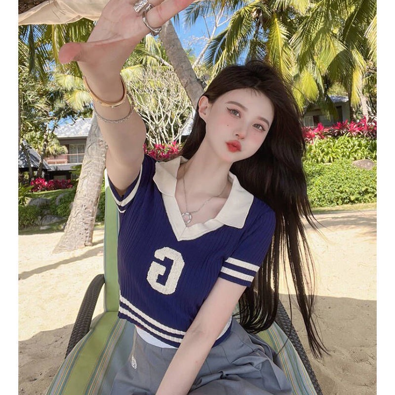 Áo Croptop Dệt Kim Cổ Polo Kẻ Sọc In Chữ Thời Trang Mùa Hè Cho Nữ