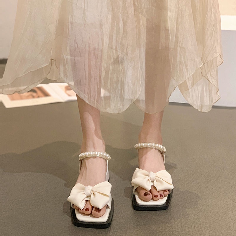 Giày Sandal Roman Gót Thấp Đính Nơ Và Ngọc Trai Dễ Thương Xinh Xắn Dành Cho Nữ