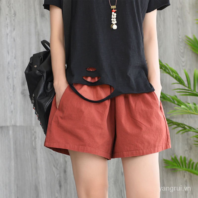 Quần Short Cotton Ống Rộng Lưng Thun Co Giãn Phong Cách Retro Dành Cho Nữ