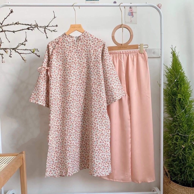 Áo dài cách tân nữ họa tiết hoa nhí vintage, Áo dài nữ truyền thống cách điệu đẹp – (TTA53)