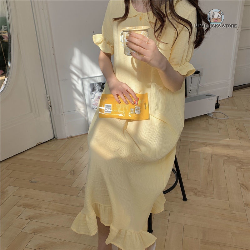 Đầm ngủ tay ngắn cổ búp bê chất liệu cotton phong cách Hàn Quốc thời trang cho nữ