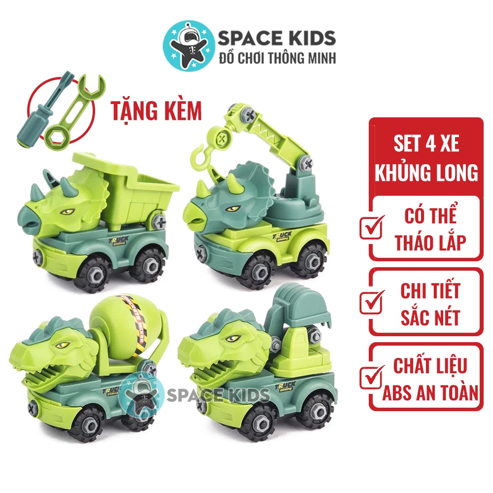 Set 4 xe lắp ghép khủng long công trường, xe ô tô đồ chơi tặng kèm tovit, cờ lê cho bé