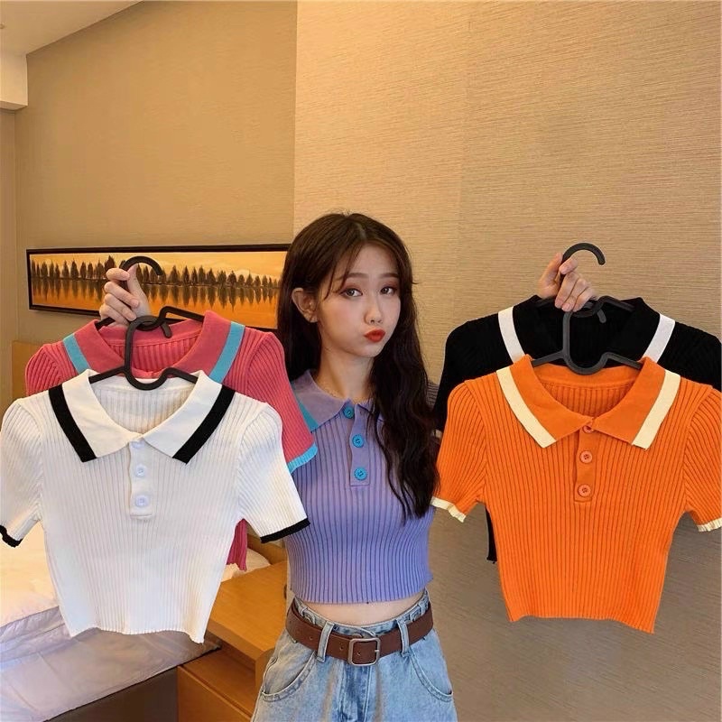 Áo len montoghi mỏng dáng croptop cổ bẻ