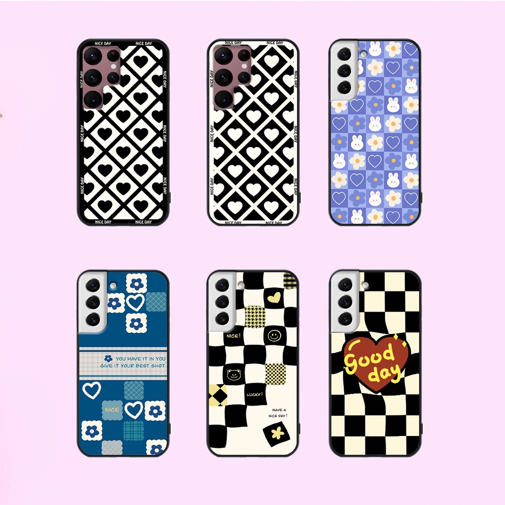 Ốp lưng Samsung S22 - S22 PLus - S22 Ultra - S22+ in hoạ tiết caro trái tim đen trắng, gấu bear cute đáng yêu