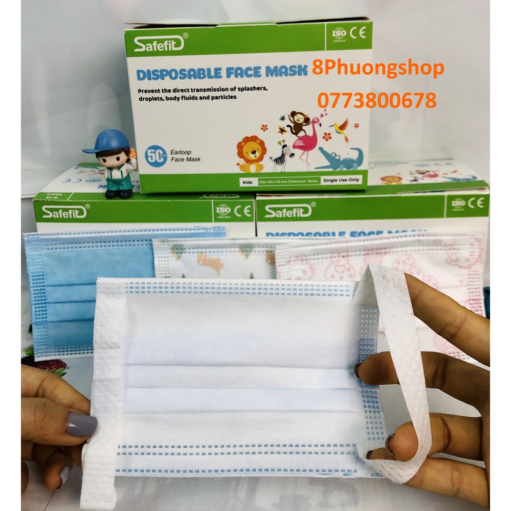 Khẩu trang y tế cho bé 6 – 13 tuổi màu Xanh/ in hình ngộ nghĩnh - Khẩu trang 3 lớp kháng khuẩn cho bé 50 cái/ hộp