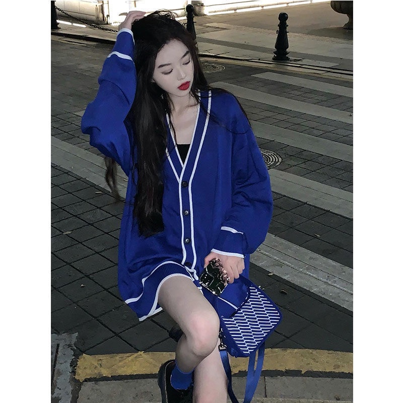 Áo Khoác Cardigan Dệt Kim Cổ Chữ V Dáng Rộng Màu Xanh Dương Thời Trang Xuân Thu Đông Phong Cách Retro Cho Nữ