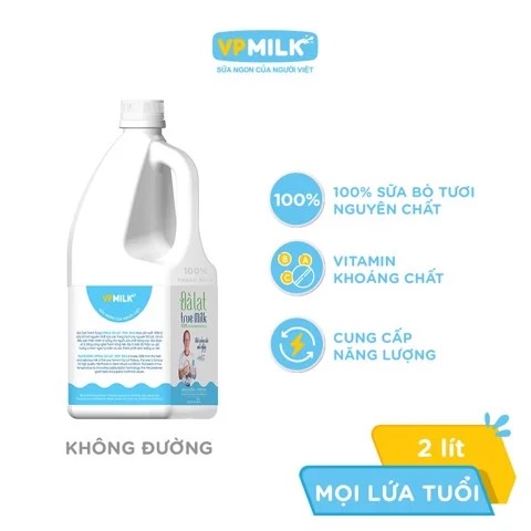 Sữa Tươi Thanh Trùng Đà Lạt True Milk không đường 2 lít