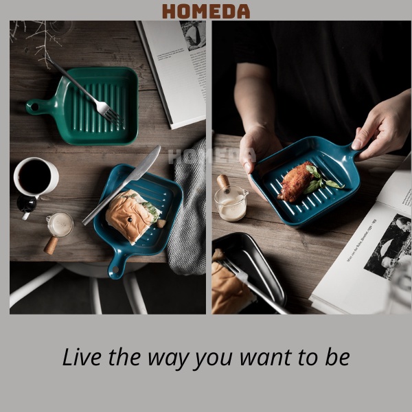 Đĩa sứ dễ thương hình vuông cao cấp dùng được trong lò vi sóng lò nướng Homeda