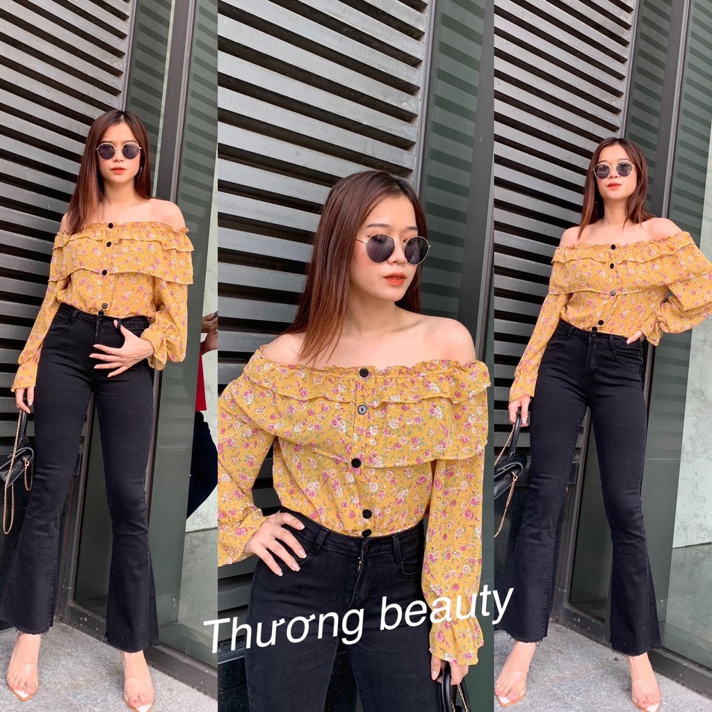 Áo voan hoa xinh dáng croptop bèo 2 tầng vai xinh xinh cute xinh xắn