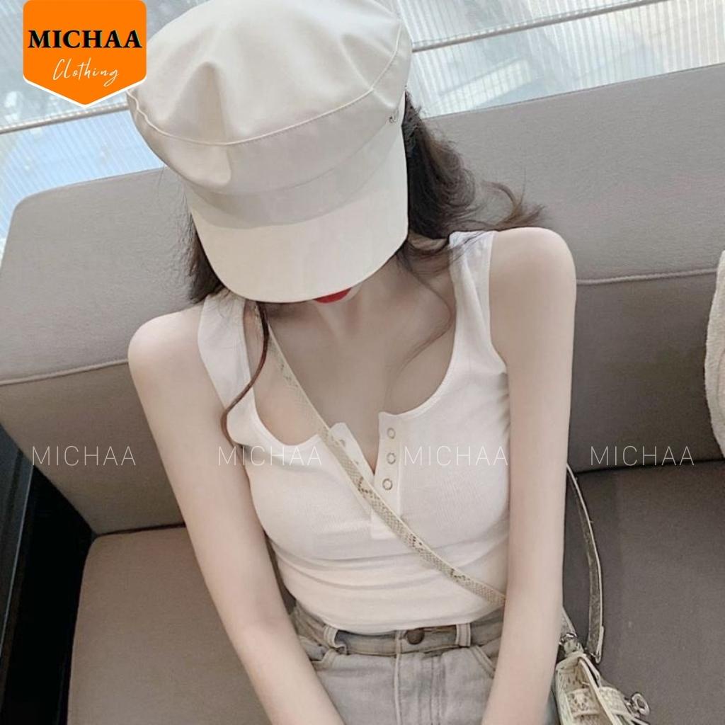 Áo Croptop Ba Lỗ CÚC BẤM Nữ Kiểu Sát Nách Cổ Vuông Chất Thun Gân Ôm Body - MICHAA