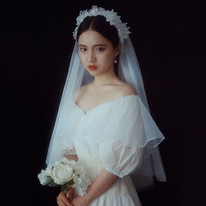 Mạng Che Mặt 2 Tầng Vải Ren Hoa Đính Ngọc Trai Nhân Tạo Phong Cách Vintage Cho Nữ