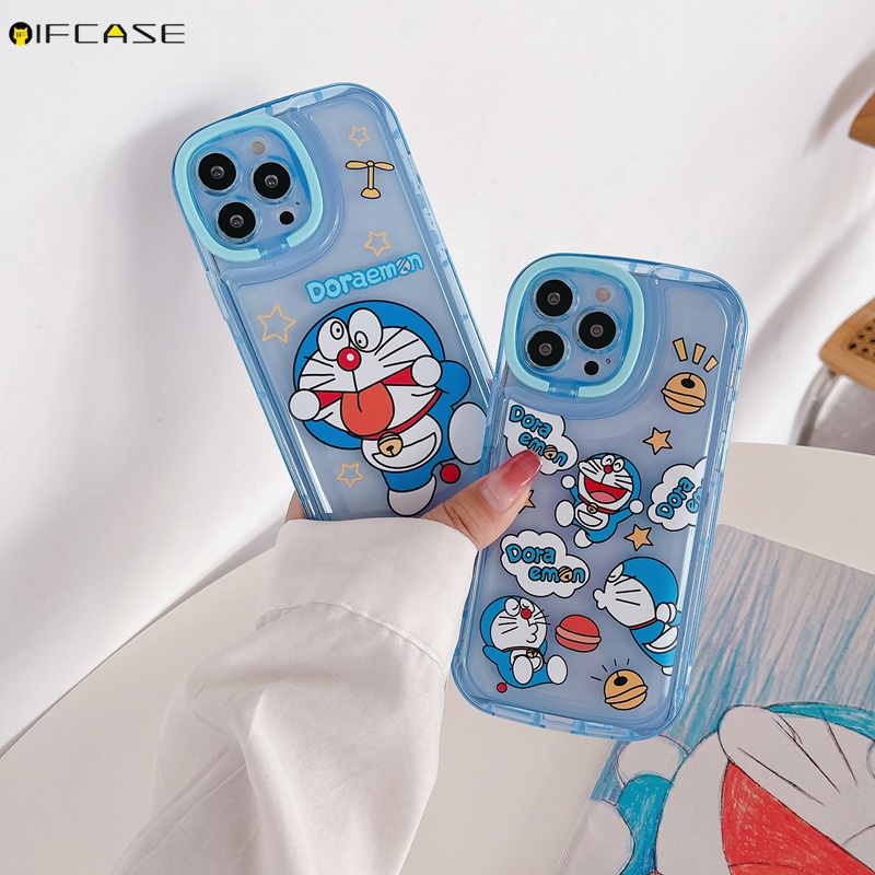 Ốp Điện Thoại Dẻo Trong Suốt Họa Tiết Hoạt Hình Doremon Kèm Giá Đỡ Kiểu Camera Cho iPhone 13 12 11 Pro Max