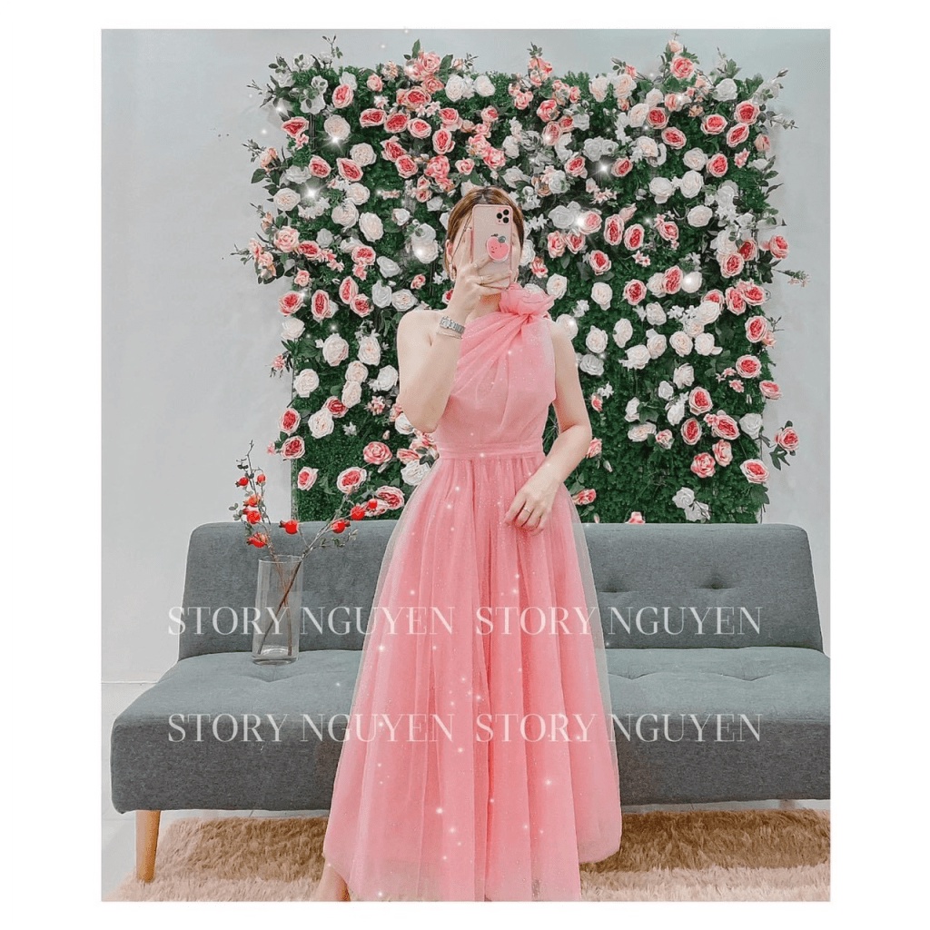 ĐẦM LƯỚI LỆCH VAI ĐÍNH HOA XINH TỰA THẦN TIÊN TỈ TỈ