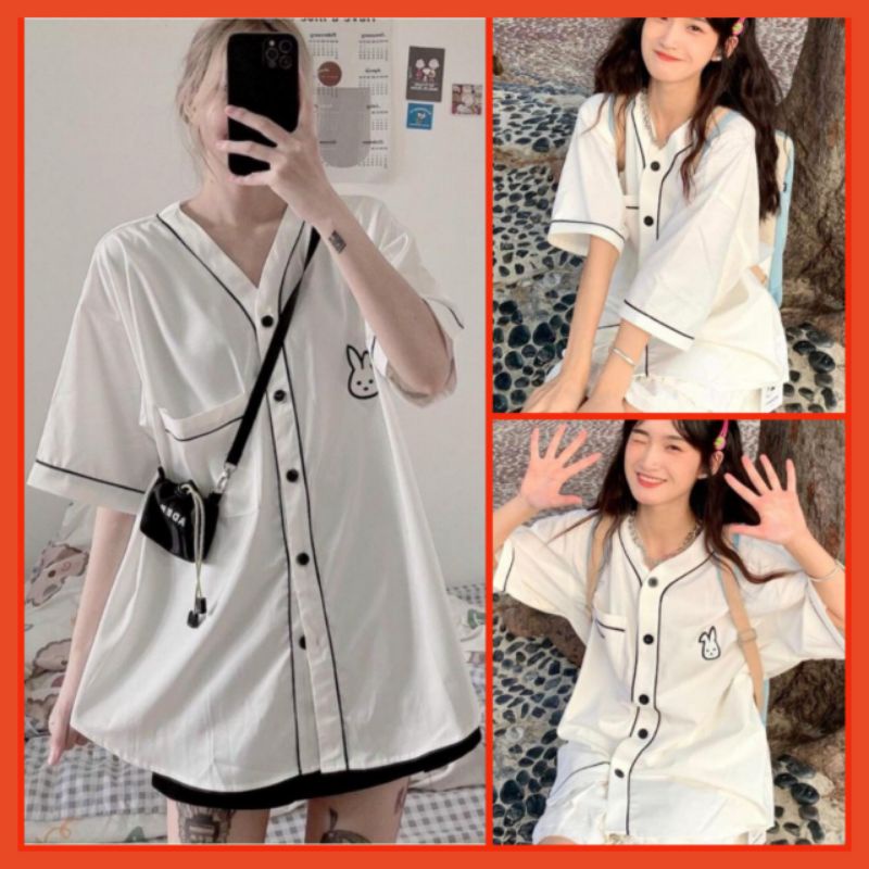 Áo Sơ Mi  Logo Thỏ Nữ [FREESHIP]Áo sơ mi trắng cổ V  hình cute Uzzalang
