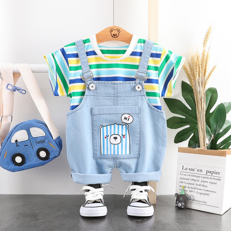 Set Yếm Jean Denim Kèm Áo Thun Cho Bé Trai Bé Gái Từ 0-3 Tuổi, Bộ 2 Món Áo Thun Quần Yếm Họa Tiết Chú Gấu Ngộ Nghĩnh