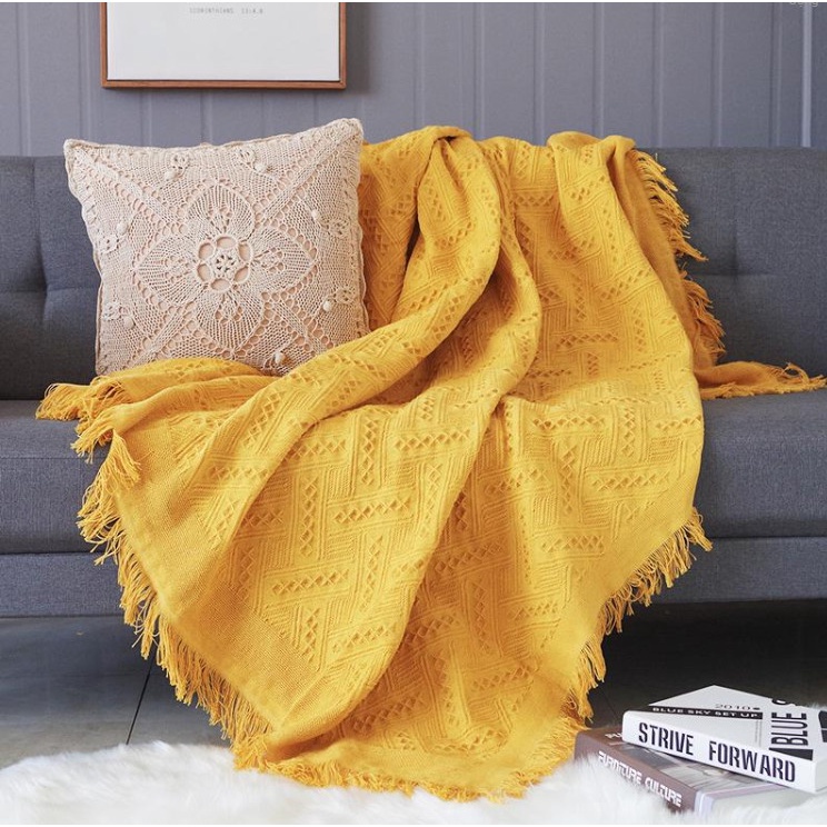 Chăn thảm phủ ghế sofa đan len tua rua màu vàng phong cách Bắc Âu / Bohemian