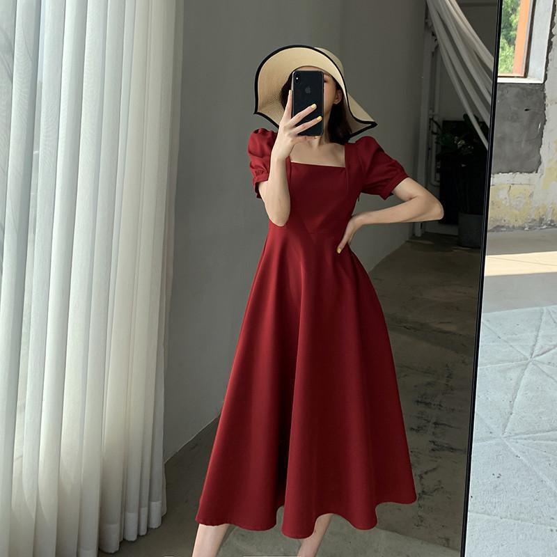 Đầm dài qua gối tay ngắn cổ vuông thời trang mùa hè cho nữ