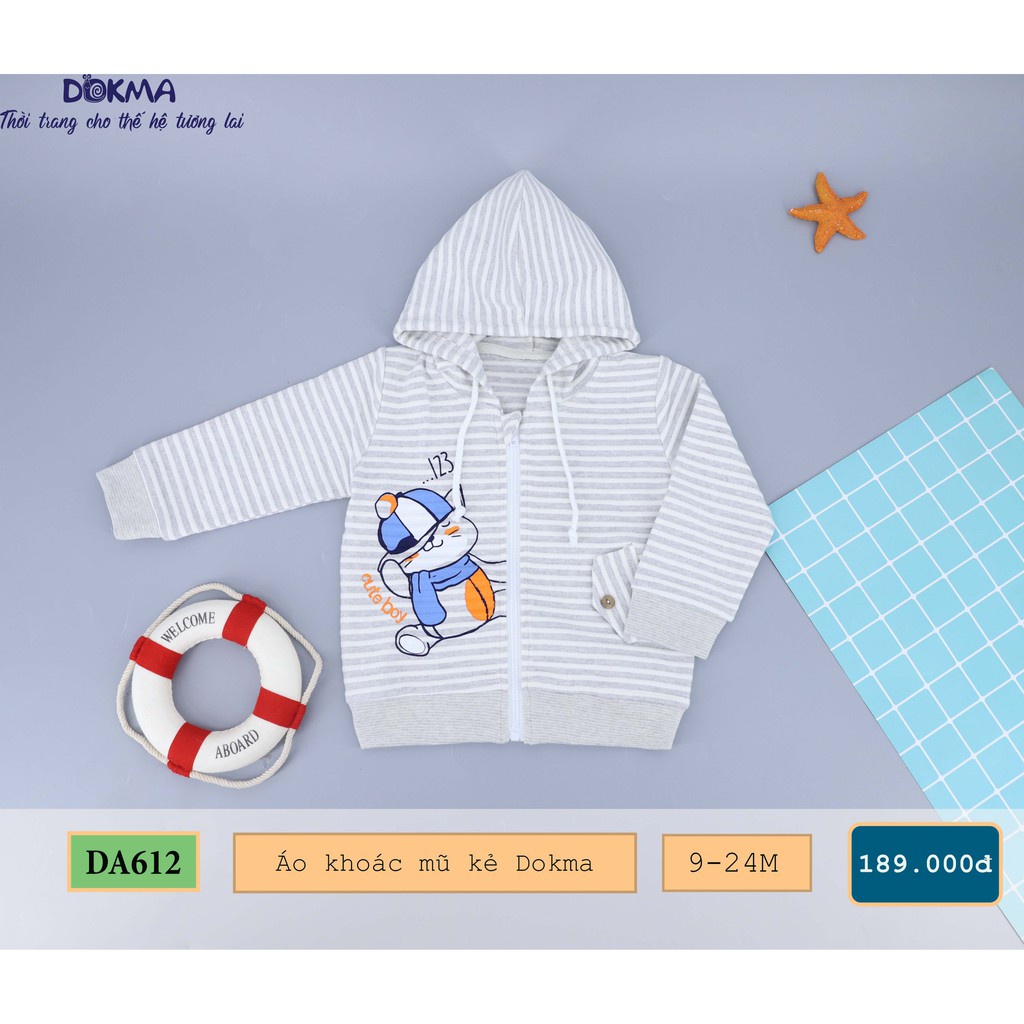 Dokma - Áo khoác nỉ nhung kẻ kéo khóa có mũ cho bé 6-36 tháng DA612
