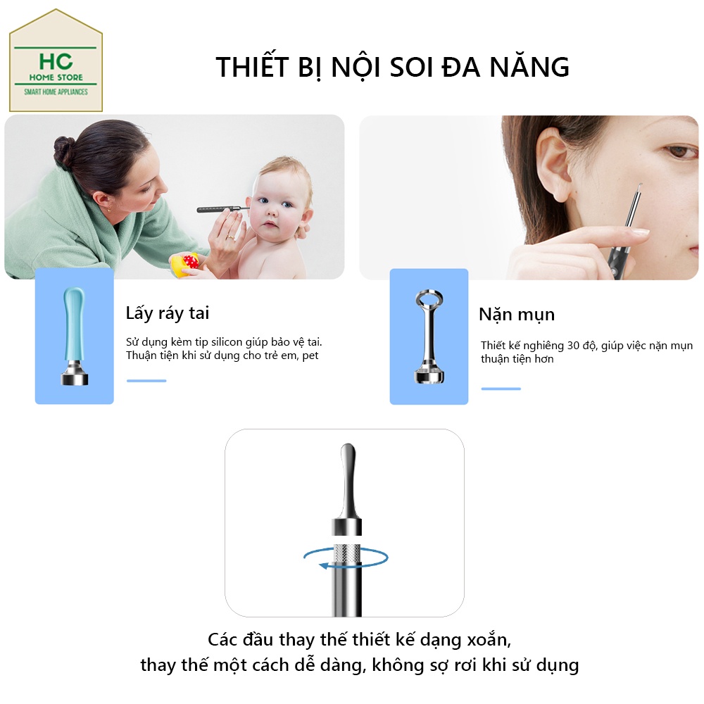 Máy lấy ráy tai camera thông minh không dây Earpick X3 có đầu nặn mụn, camera nội soi FHD 1080P dùng soi tai, mũi, họng