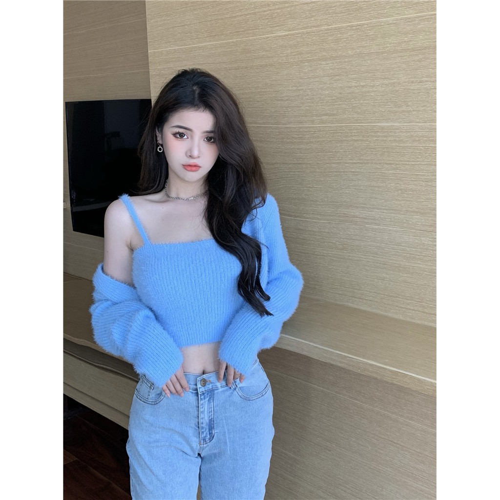 [Có sẵn] Full set Áo len lông thỏ áo khoác len cardigan và áo 2 dây len tiểu thư sang chảnh A174 | BigBuy360 - bigbuy360.vn