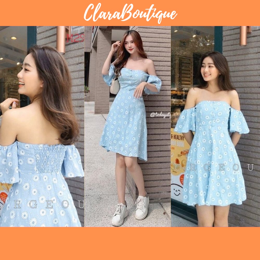 Đầm nữ hoa nhí trễ vai màu xanh có mút ngực dáng xòe kiểu dáng dễ thương size S M L SKUD-20
