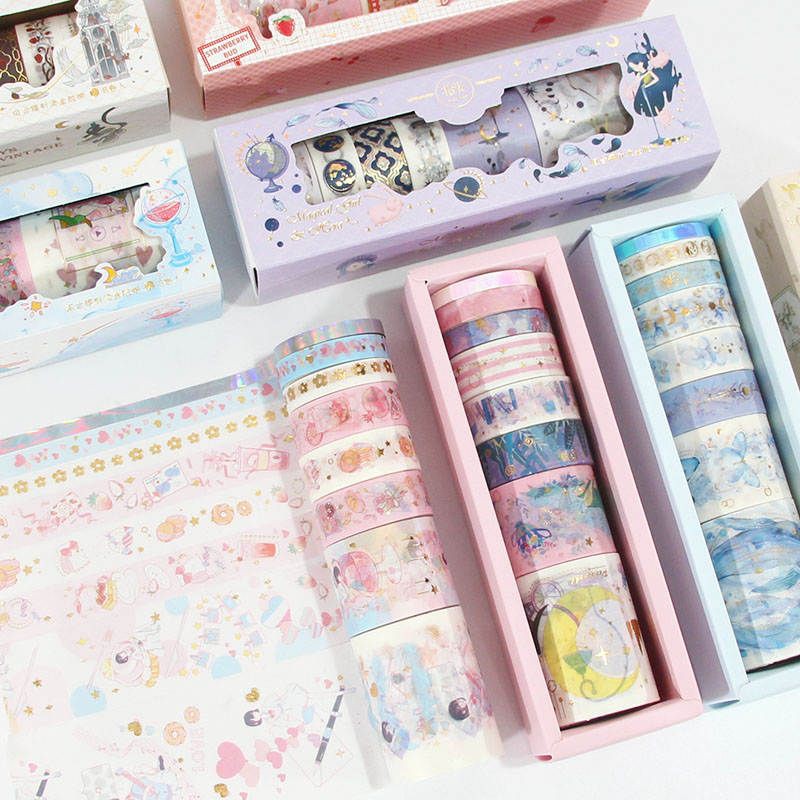 Set 8 cuộn băng dính trang trí washi tape ánh nhũ