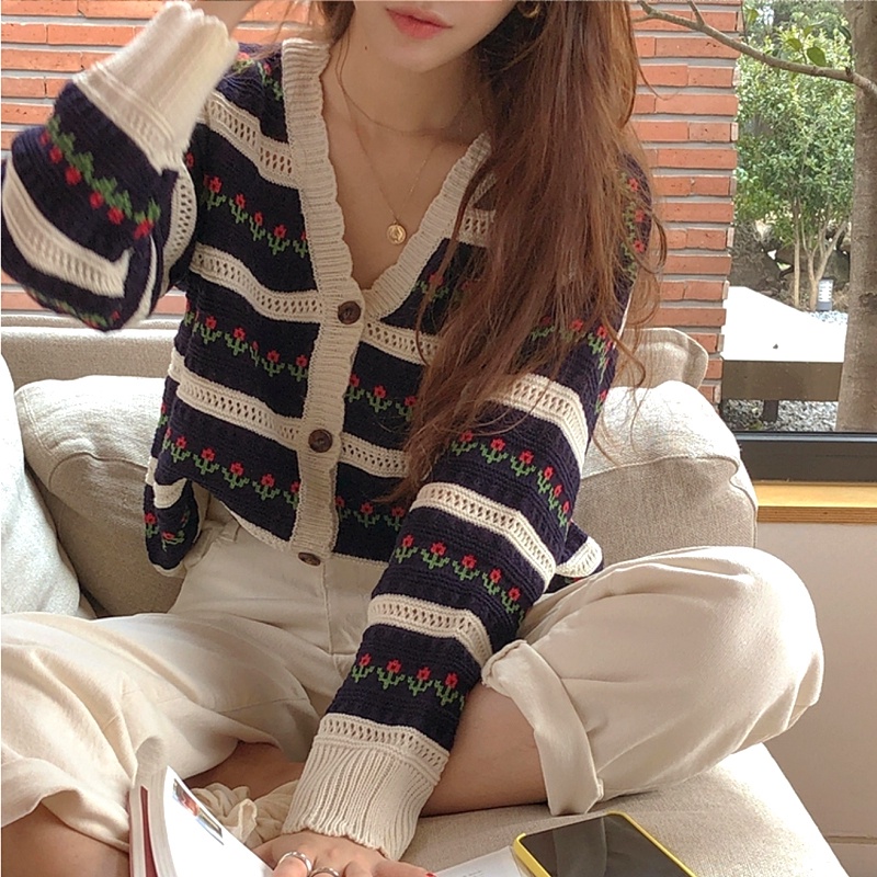 Áo Khoác cardigan Dệt Kim Họa Tiết Kẻ Sọc / Hoa Thời Trang Hàn Quốc Cho Nữ