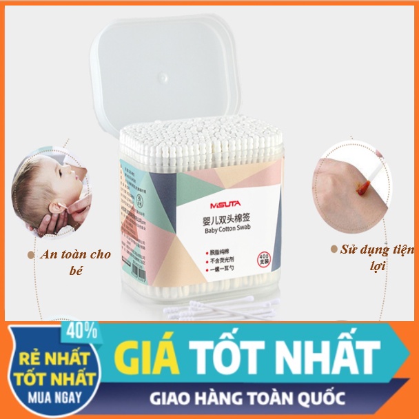 Tăm bông cho bé sơ sinh - Tăm bông được làm từ bông tự nhiên [hộp 400 que Misuta] - An toàn cho bé