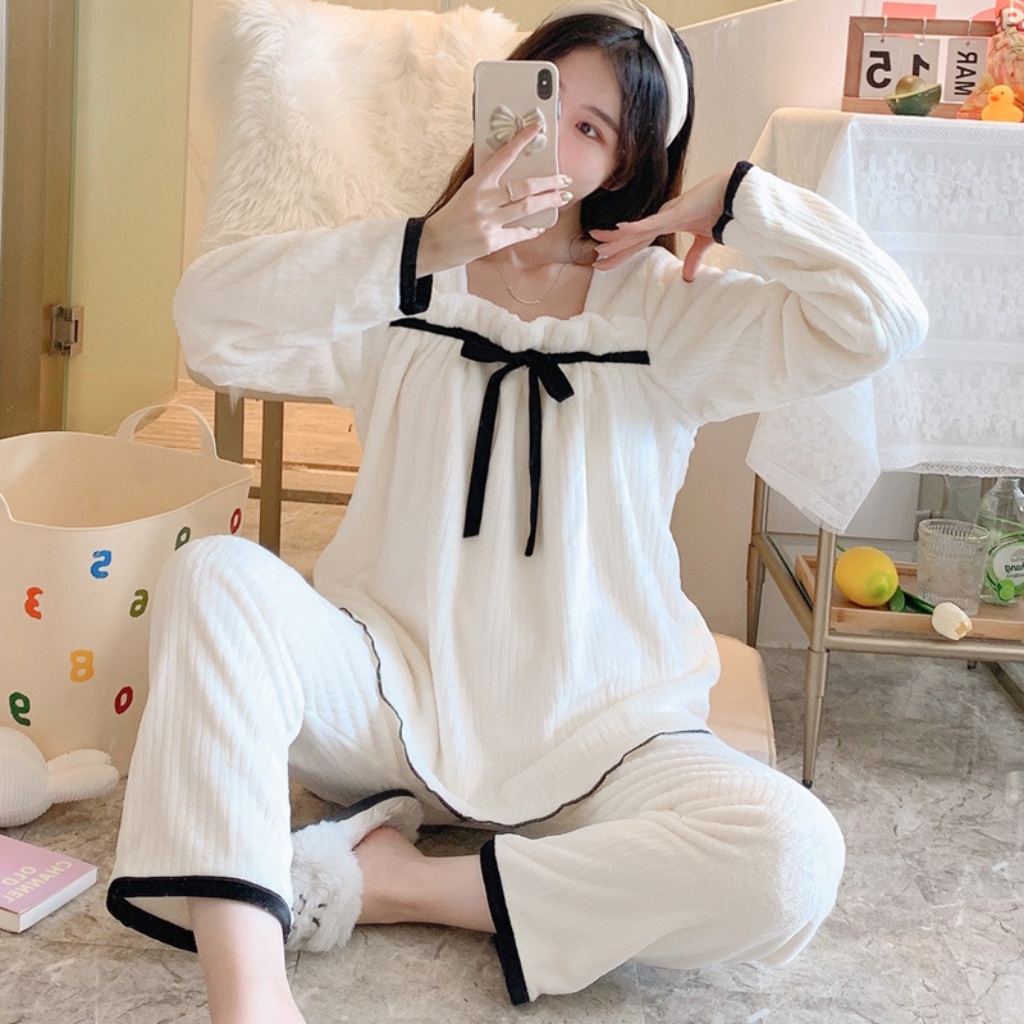 Đồ ngủ - Bộ ngủ Tiệm nhà Bokk chất bông viền đen cổ nơ phong cách tiểu thư Hàn Quốc | BigBuy360 - bigbuy360.vn