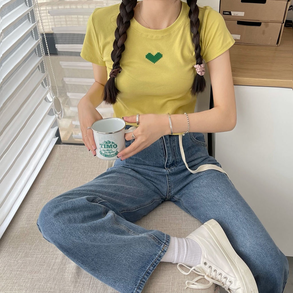 Áo Thun Ngắn Tay Thêu Họa Tiết Trái Tim Nhỏ Xinh Thời Trang Mùa Hè Cho Nữ