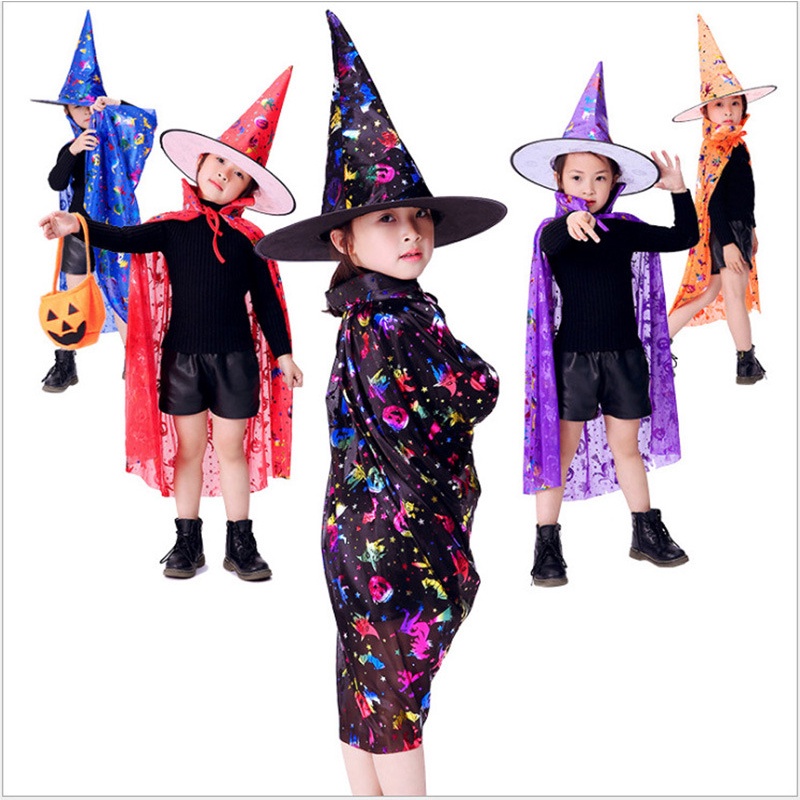 Halloween cho bé. Choàng+mũ phù thủy combo hàng có sẵn (tặng kèm giỏ kẹo bí ngô)