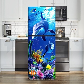 Decal dán tủ lạnh cá heo đại dương - trang trí tủ lạnh - trang trí nhà cửa - trang trí bếp