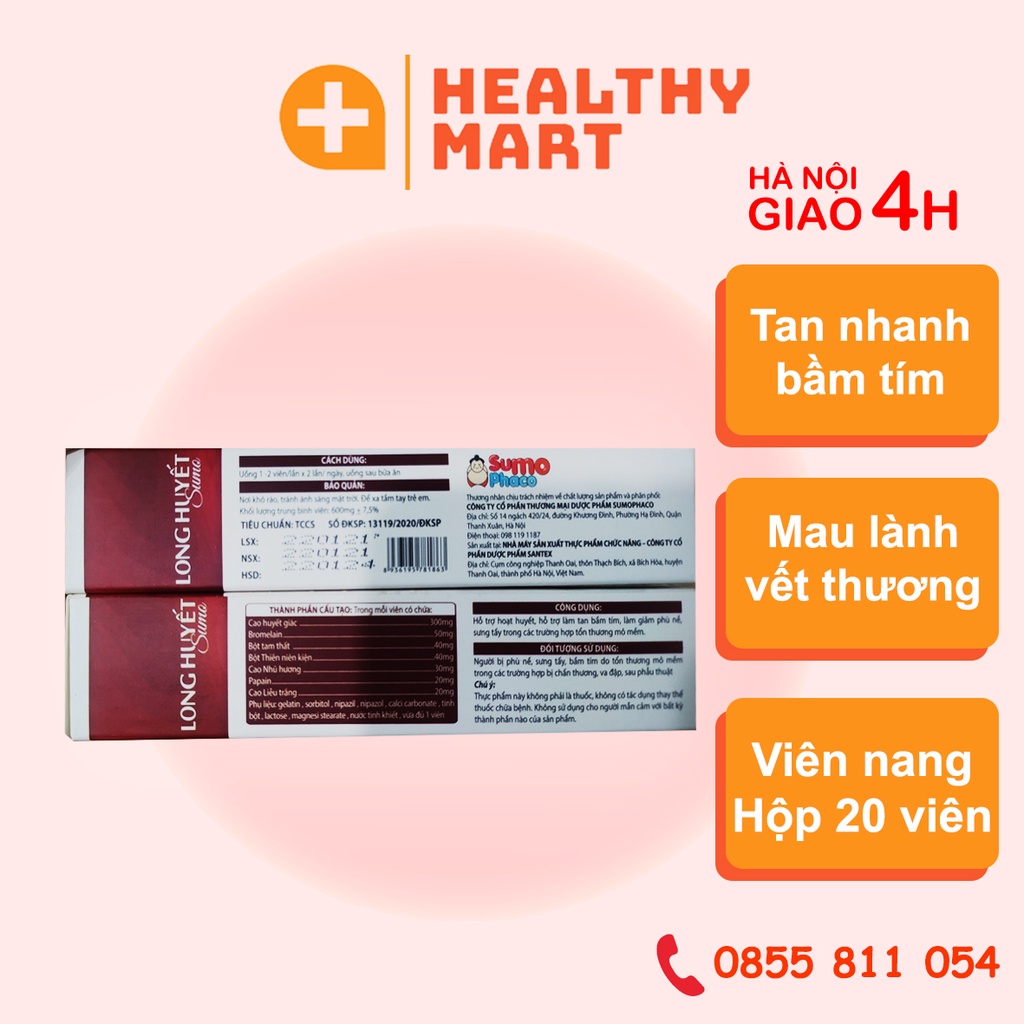 ✔️️️Long Huyết - tan nhanh bầm tím mau lành vết thương - Hộp 20 viên - SumoPharco